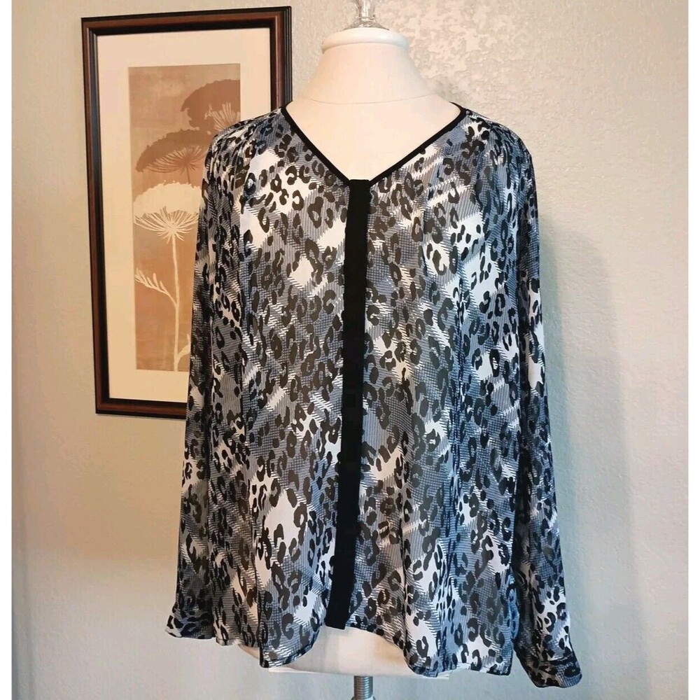 Cabi Size M Fatale Animal Print Sheer Blouse Top Blue Black White #977